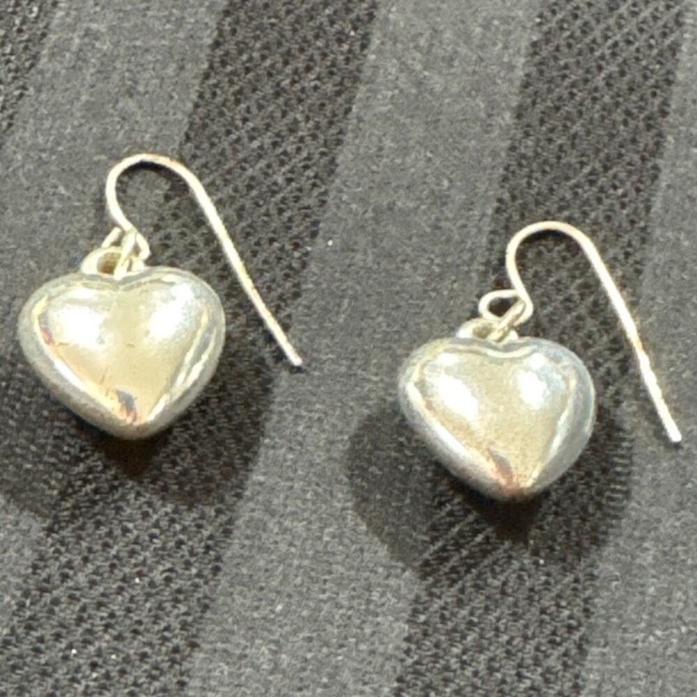 Vintage Dangle Silver Tone Puffed Heart Earrings